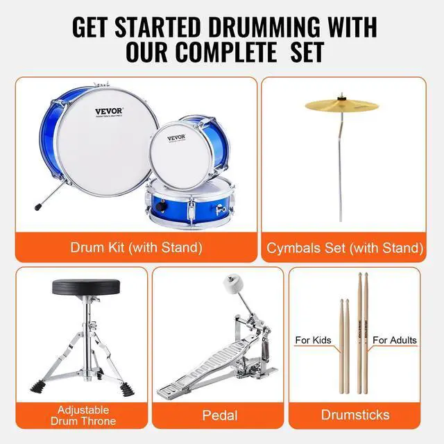 Alt view image 6 of 7 - Kids Drum Set, 3-Piece 14'' Beginner Drum Sets Junior Drums Set with Adjustable Throne, Two Pairs of Drumsticks, Cymbal, Pedal, Tom Snare Bass, Starter Drum Kit for Children Age 6-13