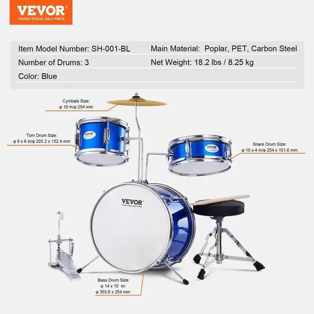 Alt view image 7 of 7 - Kids Drum Set, 3-Piece 14'' Beginner Drum Sets Junior Drums Set with Adjustable Throne, Two Pairs of Drumsticks, Cymbal, Pedal, Tom Snare Bass, Starter Drum Kit for Children Age 6-13