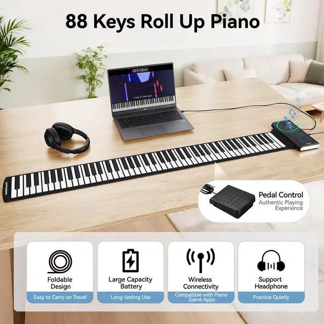 Alt view image 2 of 7 - 88 Keys Roll Up Keyboard Piano, Portable Electric Foldable Piano with Sustain Pedal, 20 Songs, 128 Tones, 128 Rhythms, Rechargeable & Wireless BT, Music Gift for Beginners (with LED Display)