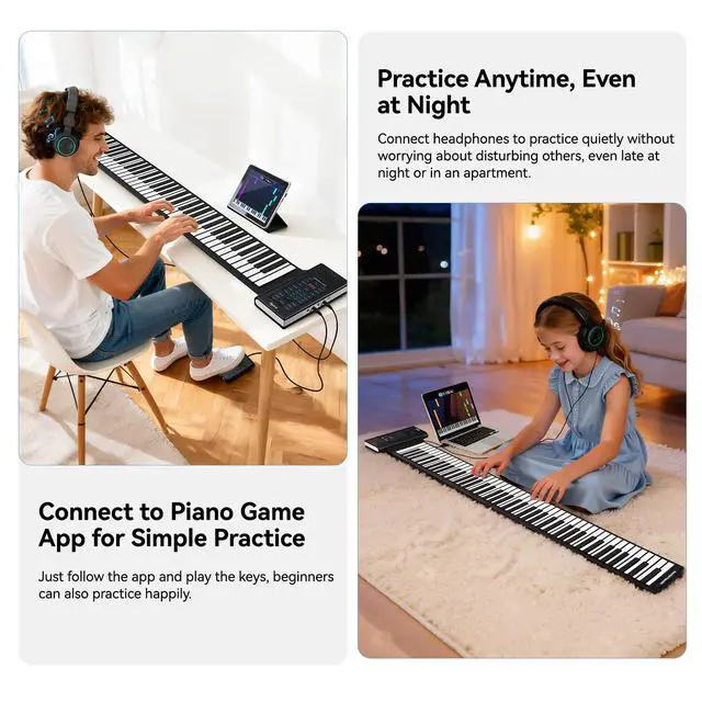 Alt view image 3 of 7 - 88 Keys Roll Up Keyboard Piano, Portable Electric Foldable Piano with Sustain Pedal, 20 Songs, 128 Tones, 128 Rhythms, Rechargeable & Wireless BT, Music Gift for Beginners (with LED Display)