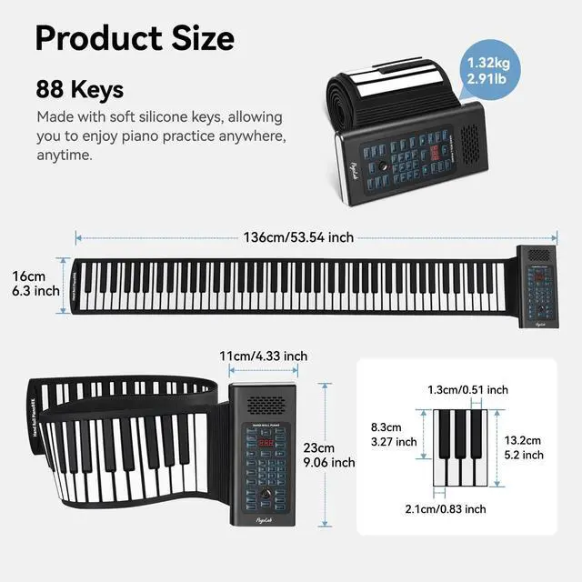 Alt view image 7 of 7 - 88 Keys Roll Up Keyboard Piano, Portable Electric Foldable Piano with Sustain Pedal, 20 Songs, 128 Tones, 128 Rhythms, Rechargeable & Wireless BT, Music Gift for Beginners (with LED Display)