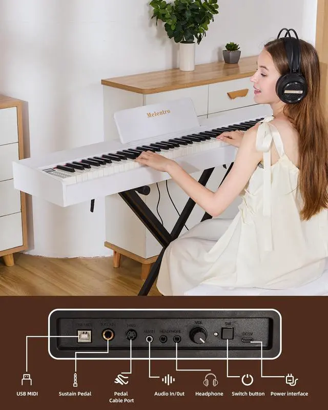 Alt view image 5 of 7 - Digital Piano 88 key Semi Weighted Keyboard With X Stand & Sustain Pedal, Full-Size Beginner Electric Piano For Bluetooth, Headphone Mode, USB-MIDI