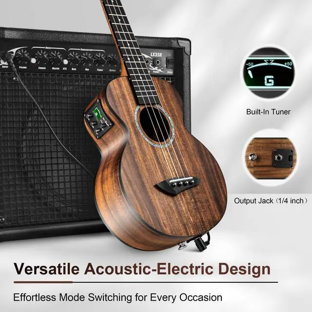 Alt view image 5 of 7 - 26inch CT204 All Solid Acacia Wood Tenor Electric Ukulele | Professional Ukelele Kit Beginner Guitar Starter Bundle Strings, Padded Gig Bag, Strap