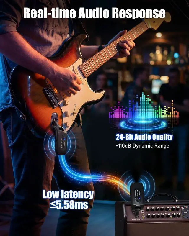 Alt view image 3 of 7 - 5.8GHz Wireless Guitar SystemLow Latency,100ft Range, 6H+ Battery | Wireless Guitar Transmitter Receiver w/ 7 Channels,270° Rotatable Plug,Anti-Interference for Electric Guitar Bass(TR-U2)