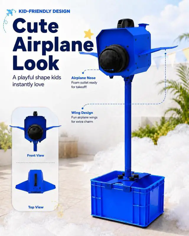 Alt view image 2 of 6 - Foam Machine for Party, Safe 60min Use&Cute AirplaneLook, Foam Party Machine For Pool Parties, Indoor/Outdoor Events. (Blue-120)