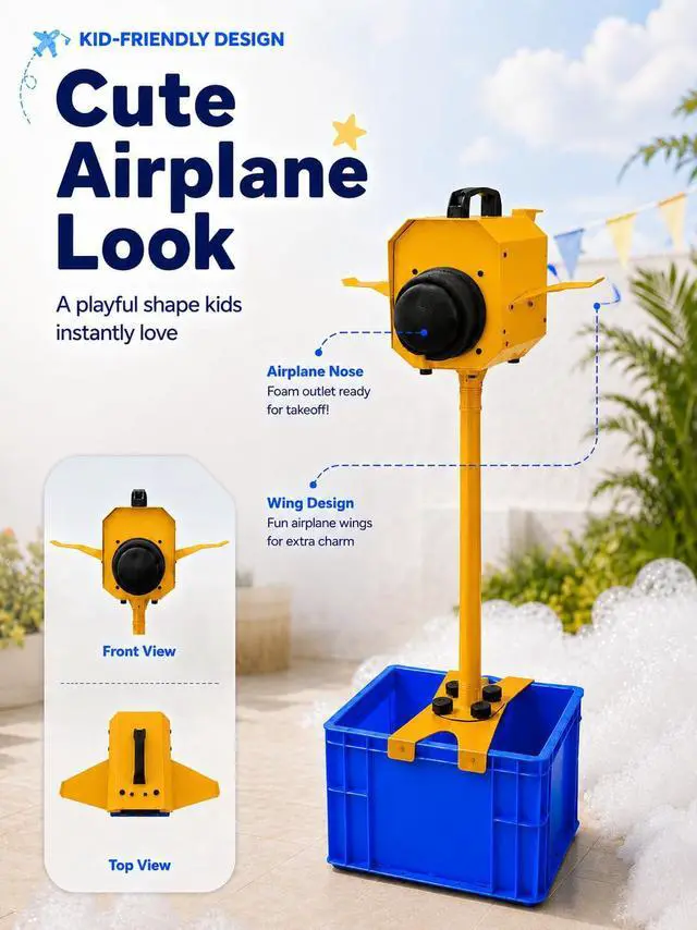 Alt view image 2 of 6 - Foam Machine for Party, Safe 60min Use&Cute AirplaneLook, Foam Party Machine For Pool Parties, Indoor/Outdoor Events. (Yellow-120)