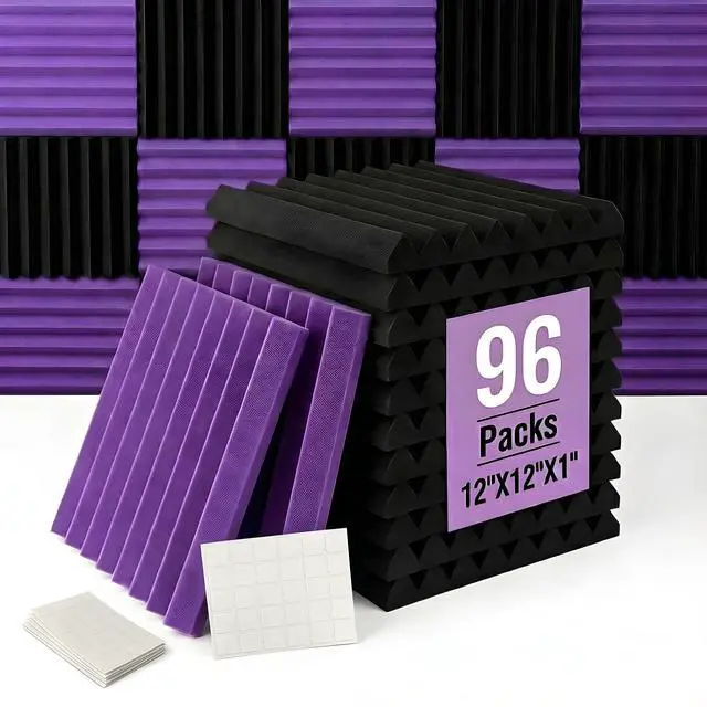 Main image of 96 Pack Allxinlog Absorb the echo Acoustic Foam Panel Wedge Studio Soundproofing Wall Tiles 12" X 12" X 1" (Accompanied By Double-Sided Adhesive Tape)(48Purple+48Black)