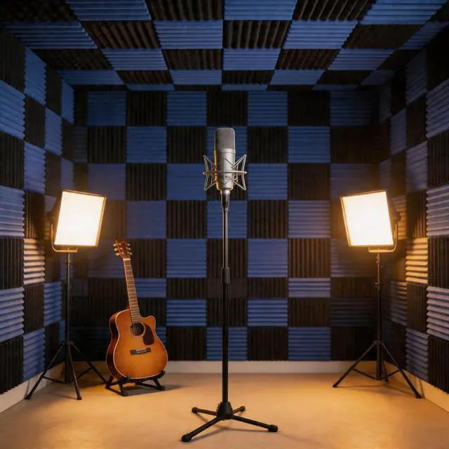 Alt view image 5 of 7 - 96 Pack Blue/black Absorb the echo Acoustic Foam Panel Wedge Studio Soundproofing Wall Tiles 12" X 12" X 1"(Accompanied By Double-Sided Adhesive Tape)
