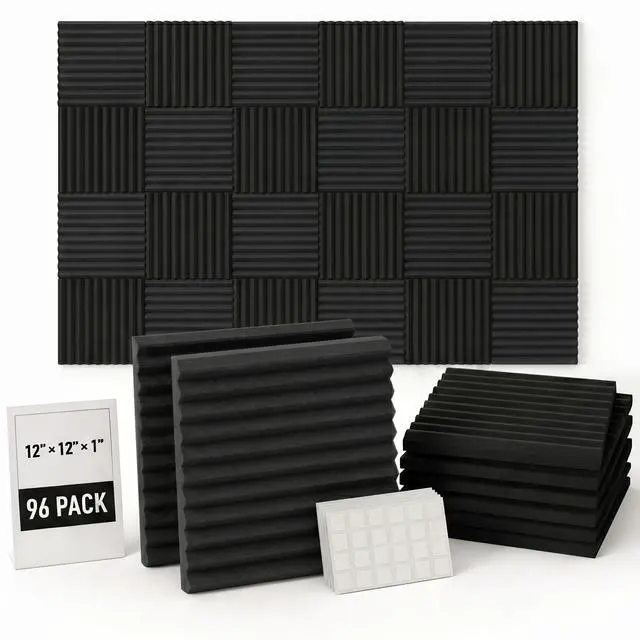 Main image of 96 Pack Allxinlog Absorb the echo Acoustic Foam Panel Wedge Studio Soundproofing Wall Tiles 12" X 12" X 1"(Accompanied By Double-Sided Adhesive Tape) (96-BLACK)