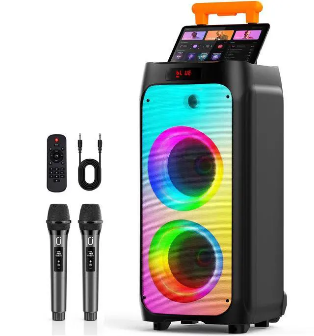 Main image of Karaoke Machine with 2 Wireless Microphones, Big Bluetooth Party Speaker with 500W Peak Power for Adults, PA System with Rolling Wheels and Trolley, Perfect for Outdoor, Home Party, Gatherings