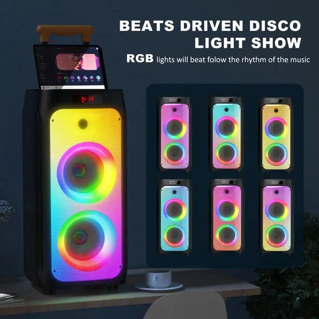 Alt view image 4 of 7 - Karaoke Machine with 2 Wireless Microphones, Big Bluetooth Party Speaker with 500W Peak Power for Adults, PA System with Rolling Wheels and Trolley, Perfect for Outdoor, Home Party, Gatherings
