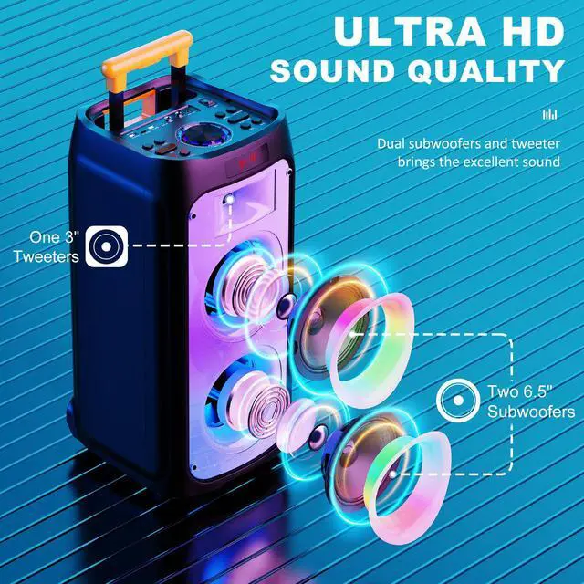 Alt view image 2 of 7 - Karaoke Machine with 2 Wireless Microphones, Big Bluetooth Party Speaker with 500W Peak Power for Adults, PA System with Rolling Wheels and Trolley, Perfect for Outdoor, Home Party, Gatherings