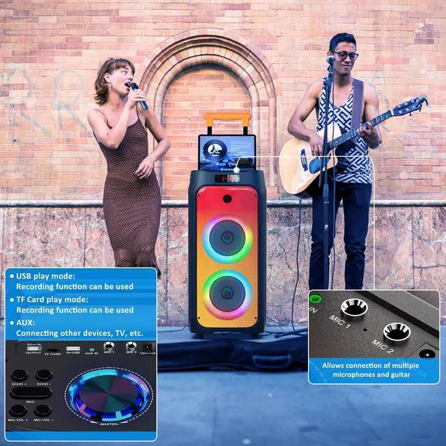 Alt view image 5 of 7 - Karaoke Machine with 2 Wireless Microphones, Big Bluetooth Party Speaker with 500W Peak Power for Adults, PA System with Rolling Wheels and Trolley, Perfect for Outdoor, Home Party, Gatherings