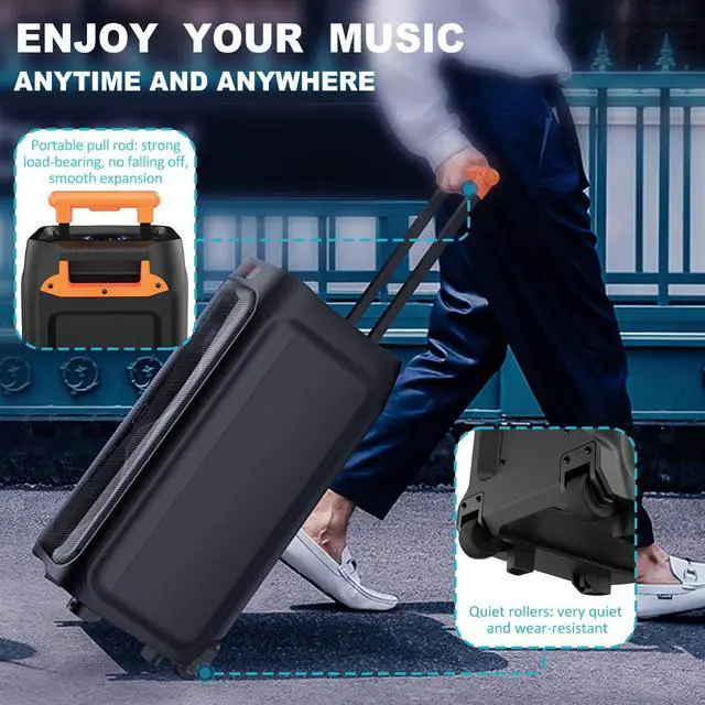 Alt view image 6 of 7 - Karaoke Machine with 2 Wireless Microphones, Big Bluetooth Party Speaker with 500W Peak Power for Adults, PA System with Rolling Wheels and Trolley, Perfect for Outdoor, Home Party, Gatherings