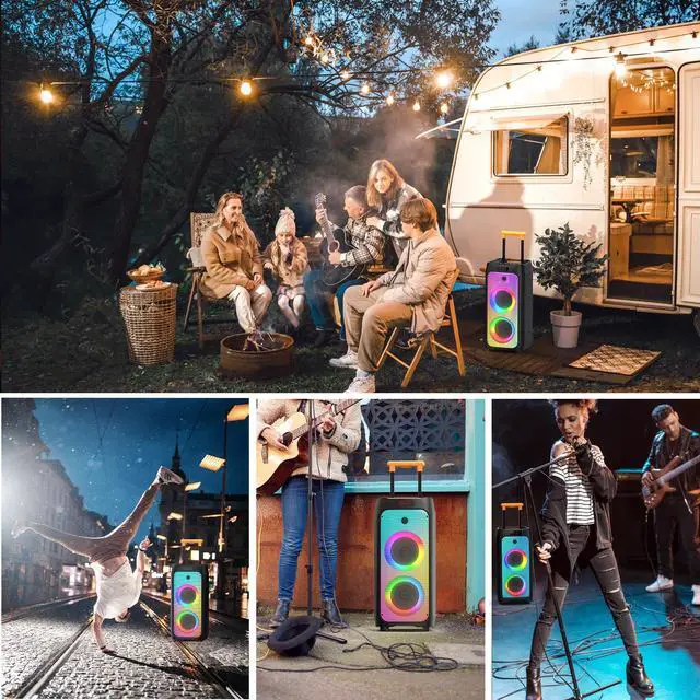 Alt view image 7 of 7 - Karaoke Machine with 2 Wireless Microphones, Big Bluetooth Party Speaker with 500W Peak Power for Adults, PA System with Rolling Wheels and Trolley, Perfect for Outdoor, Home Party, Gatherings