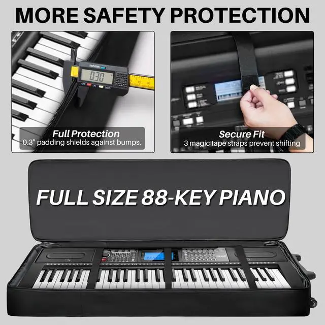 Alt view image 2 of 6 - 88-Key Keyboard Case with Wheels, 10mm Thick Padded Gig Bag with Adjustable Shoulder Straps & 4 Pockets, Rolling Carrying Bag for Digital Piano, Synthesizer & Electronic Keyboard
