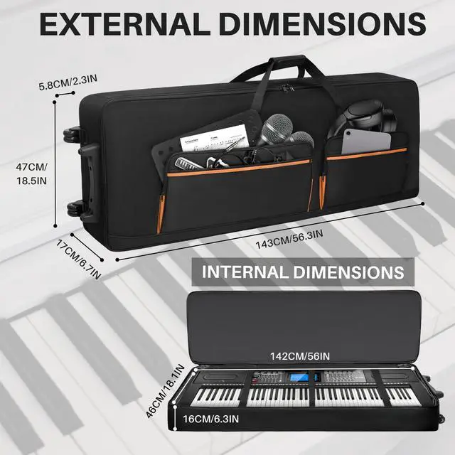 Alt view image 3 of 6 - 88-Key Keyboard Case with Wheels, 10mm Thick Padded Gig Bag with Adjustable Shoulder Straps & 4 Pockets, Rolling Carrying Bag for Digital Piano, Synthesizer & Electronic Keyboard
