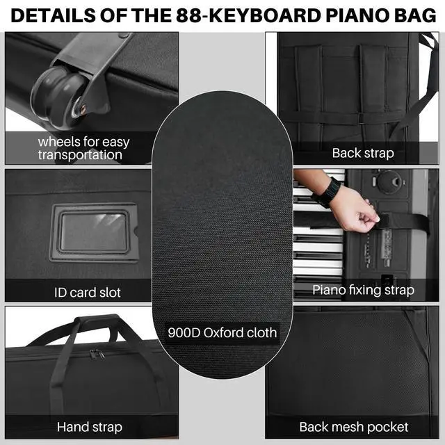 Alt view image 4 of 6 - 88-Key Keyboard Case with Wheels, 10mm Thick Padded Gig Bag with Adjustable Shoulder Straps & 4 Pockets, Rolling Carrying Bag for Digital Piano, Synthesizer & Electronic Keyboard