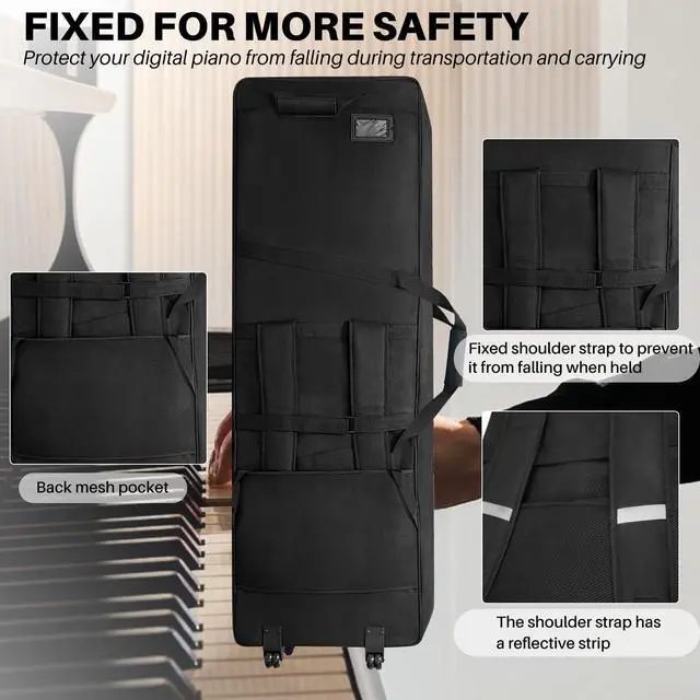 Alt view image 5 of 6 - 88-Key Keyboard Case with Wheels, 10mm Thick Padded Gig Bag with Adjustable Shoulder Straps & 4 Pockets, Rolling Carrying Bag for Digital Piano, Synthesizer & Electronic Keyboard