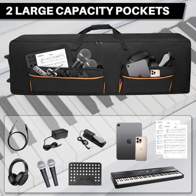 Alt view image 6 of 6 - 88-Key Keyboard Case with Wheels, 10mm Thick Padded Gig Bag with Adjustable Shoulder Straps & 4 Pockets, Rolling Carrying Bag for Digital Piano, Synthesizer & Electronic Keyboard