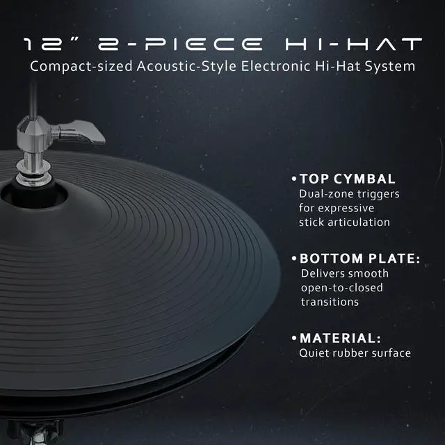 Alt view image 2 of 7 - 2-Piece Electronic Hi-Hat Cymbals 12 Dual-Zone Top Cymbal Pad & Bottom Plate Controller, Acoustic-Style Hi-Hat System for Electronic Drum Modules