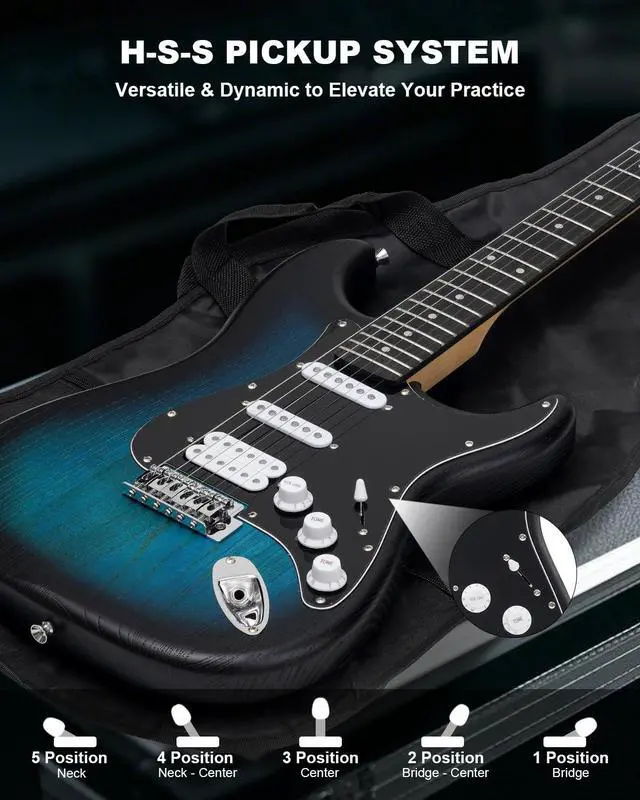 Alt view image 3 of 7 - RST-150 39" Beginner Electric Guitar Kit with Amp & HSS Pickups | Complete Starter Set for Newcomers w/Essentials | Gig Bag, Extra Strings, Digital Tuner, Capo, Strap | Home Practice