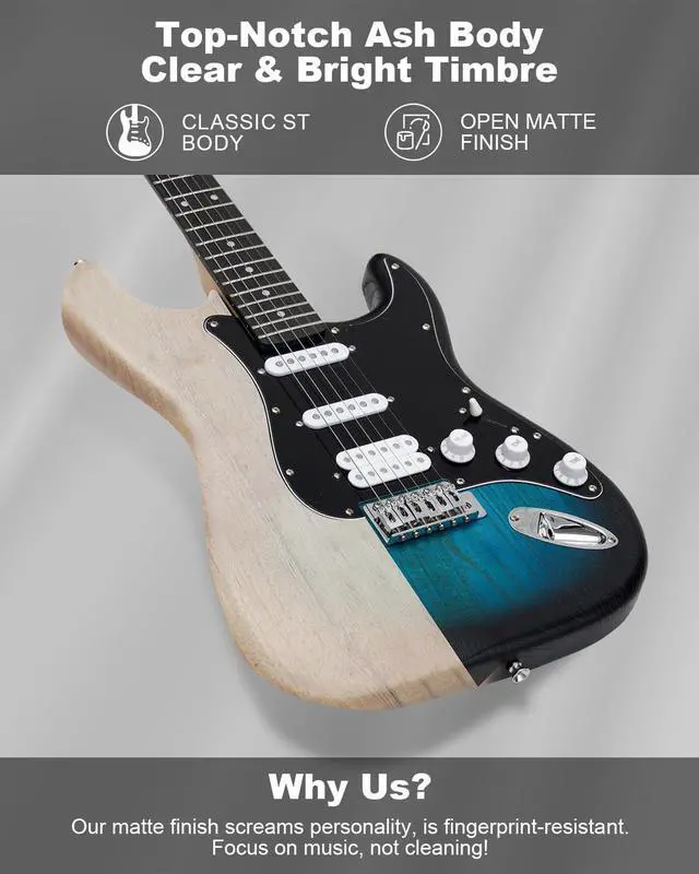 Alt view image 4 of 7 - RST-150 39" Beginner Electric Guitar Kit with Amp & HSS Pickups | Complete Starter Set for Newcomers w/Essentials | Gig Bag, Extra Strings, Digital Tuner, Capo, Strap | Home Practice