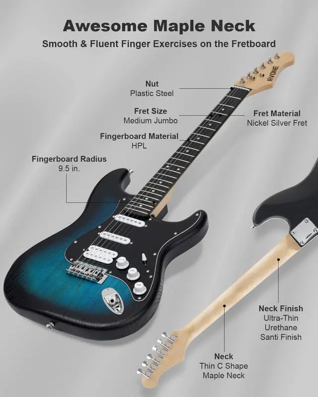 Alt view image 5 of 7 - RST-150 39" Beginner Electric Guitar Kit with Amp & HSS Pickups | Complete Starter Set for Newcomers w/Essentials | Gig Bag, Extra Strings, Digital Tuner, Capo, Strap | Home Practice