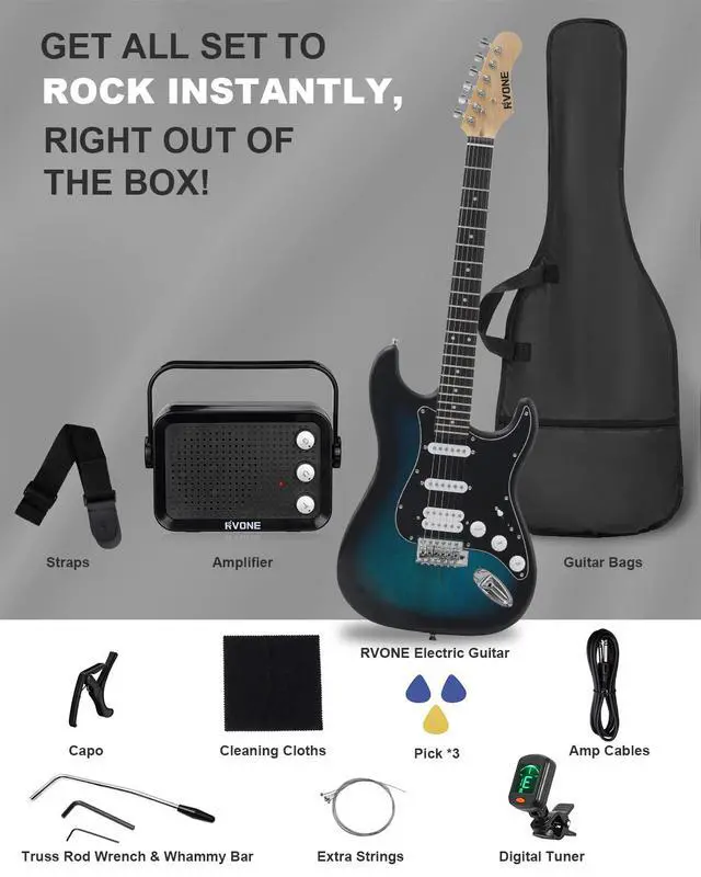 Alt view image 7 of 7 - RST-150 39" Beginner Electric Guitar Kit with Amp & HSS Pickups | Complete Starter Set for Newcomers w/Essentials | Gig Bag, Extra Strings, Digital Tuner, Capo, Strap | Home Practice