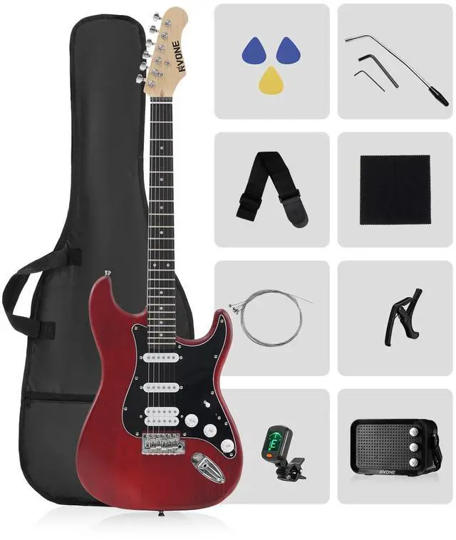 Main image of RST-150 39" Beginner Electric Guitar Kit with Amp & HSS Pickups | Complete Starter Set for Newcomers w/Essentials | Gig Bag, Extra Strings, Digital Tuner, Capo, Strap (Red, Right)