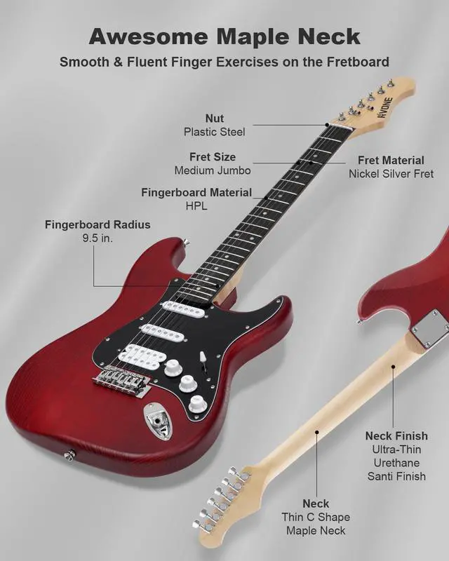 Alt view image 2 of 7 - RST-150 39" Beginner Electric Guitar Kit with Amp & HSS Pickups | Complete Starter Set for Newcomers w/Essentials | Gig Bag, Extra Strings, Digital Tuner, Capo, Strap (Red, Right)