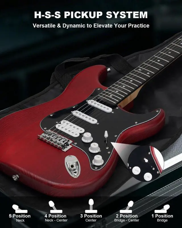 Alt view image 6 of 7 - RST-150 39" Beginner Electric Guitar Kit with Amp & HSS Pickups | Complete Starter Set for Newcomers w/Essentials | Gig Bag, Extra Strings, Digital Tuner, Capo, Strap (Red, Right)