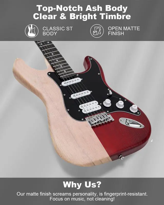 Alt view image 7 of 7 - RST-150 39" Beginner Electric Guitar Kit with Amp & HSS Pickups | Complete Starter Set for Newcomers w/Essentials | Gig Bag, Extra Strings, Digital Tuner, Capo, Strap (Red, Right)