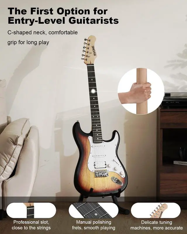 Alt view image 2 of 7 - RST-150 39Beginner Electric Guitar Kit with Amplifier, Classic HSS Pickup, Electric Guitar with Gig Bag, Capo, Strap, Extra Strings, Digital Tuner, 3 Picks, Cleaning Cloths (Sunburst)