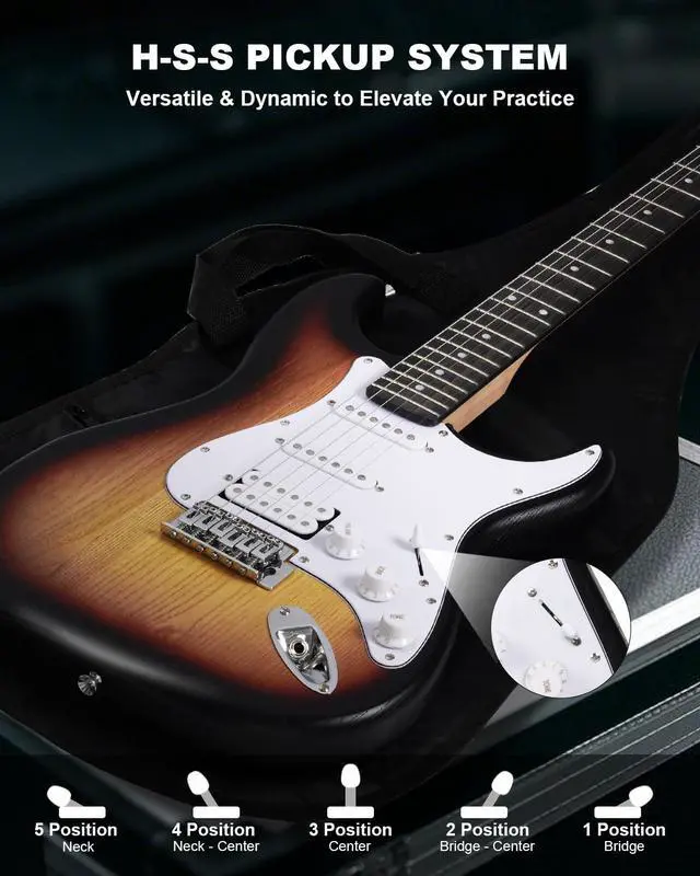 Alt view image 3 of 7 - RST-150 39Beginner Electric Guitar Kit with Amplifier, Classic HSS Pickup, Electric Guitar with Gig Bag, Capo, Strap, Extra Strings, Digital Tuner, 3 Picks, Cleaning Cloths (Sunburst)