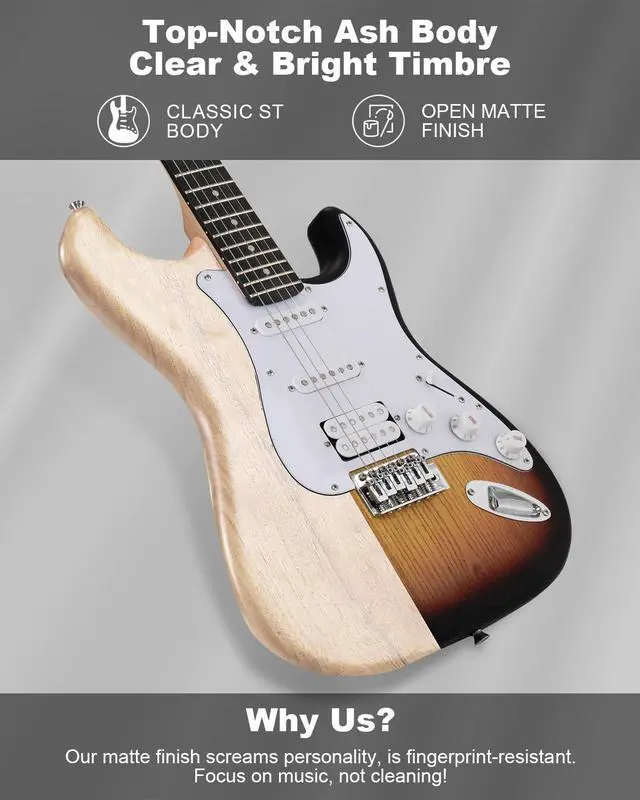 Alt view image 4 of 7 - RST-150 39Beginner Electric Guitar Kit with Amplifier, Classic HSS Pickup, Electric Guitar with Gig Bag, Capo, Strap, Extra Strings, Digital Tuner, 3 Picks, Cleaning Cloths (Sunburst)