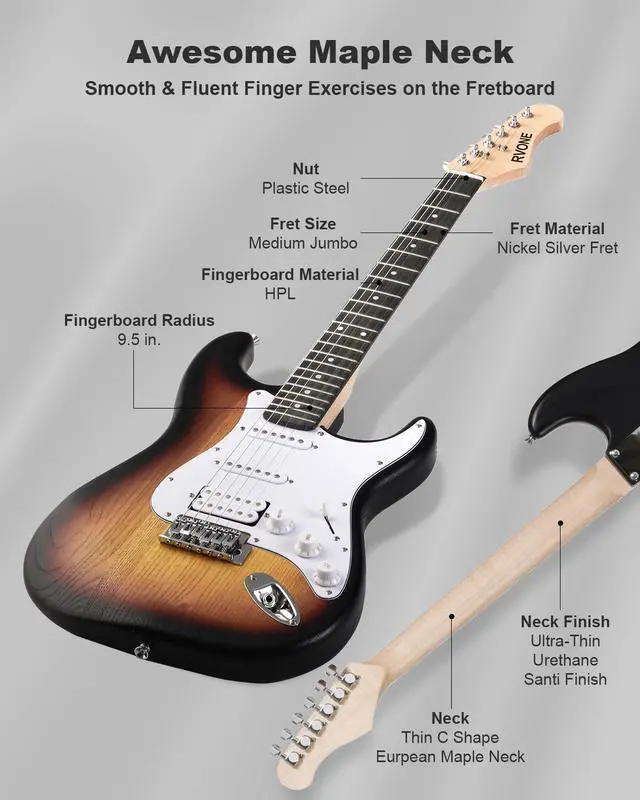 Alt view image 5 of 7 - RST-150 39Beginner Electric Guitar Kit with Amplifier, Classic HSS Pickup, Electric Guitar with Gig Bag, Capo, Strap, Extra Strings, Digital Tuner, 3 Picks, Cleaning Cloths (Sunburst)