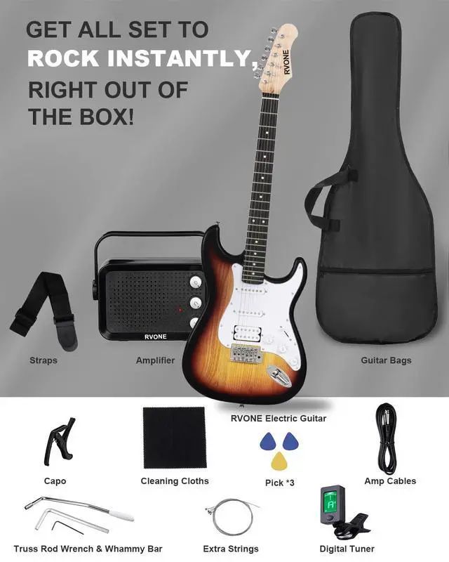 Alt view image 7 of 7 - RST-150 39Beginner Electric Guitar Kit with Amplifier, Classic HSS Pickup, Electric Guitar with Gig Bag, Capo, Strap, Extra Strings, Digital Tuner, 3 Picks, Cleaning Cloths (Sunburst)