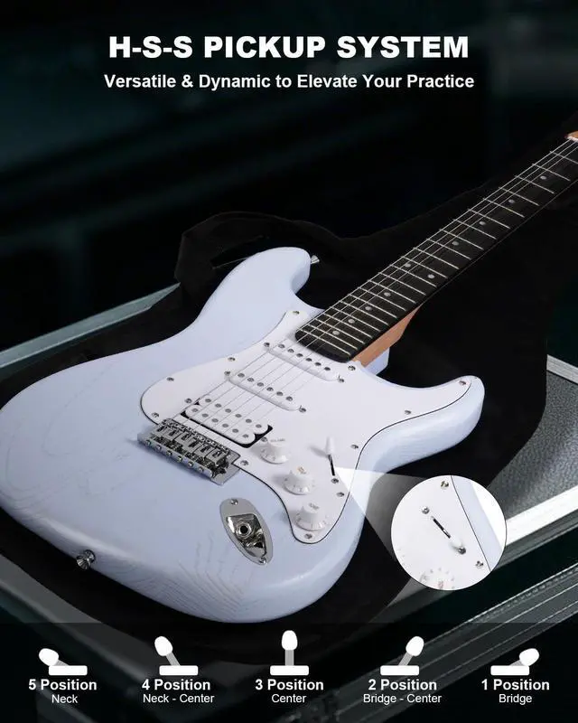 Alt view image 3 of 7 - RST-150 39Beginner Electric Guitar Kit with Amplifier, Classic HSS Pickup, Electric Guitar with Gig Bag, Capo, Strap, Extra Strings, Digital Tuner, 3 Picks, Cleaning Cloths (Light Blue)