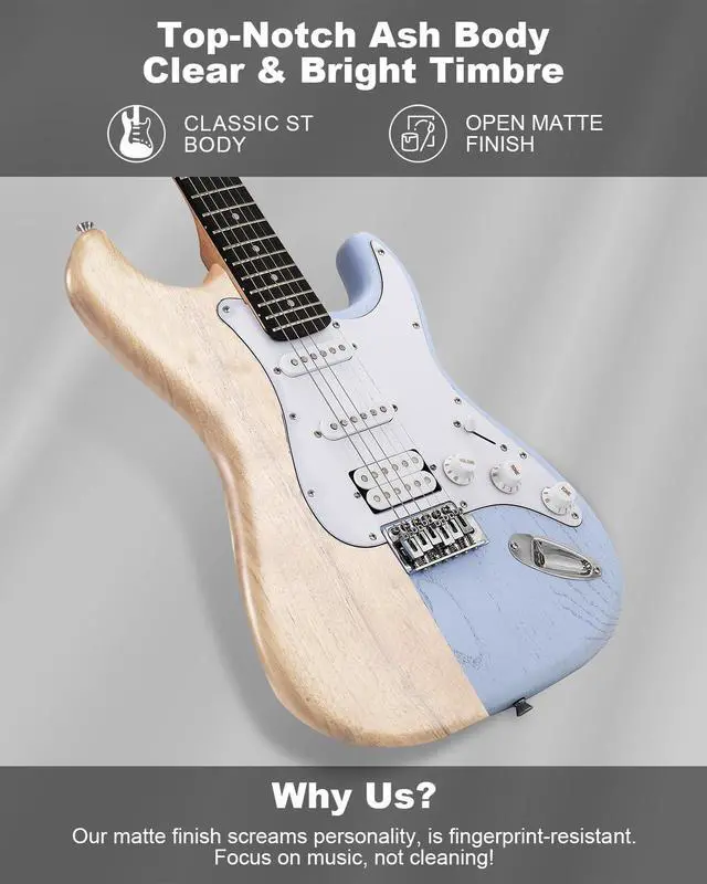 Alt view image 4 of 7 - RST-150 39Beginner Electric Guitar Kit with Amplifier, Classic HSS Pickup, Electric Guitar with Gig Bag, Capo, Strap, Extra Strings, Digital Tuner, 3 Picks, Cleaning Cloths (Light Blue)