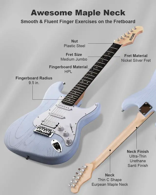 Alt view image 5 of 7 - RST-150 39Beginner Electric Guitar Kit with Amplifier, Classic HSS Pickup, Electric Guitar with Gig Bag, Capo, Strap, Extra Strings, Digital Tuner, 3 Picks, Cleaning Cloths (Light Blue)