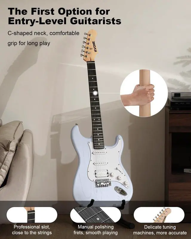 Alt view image 2 of 7 - RST-150 39Beginner Electric Guitar Kit with Amplifier, Classic HSS Pickup, Electric Guitar with Gig Bag, Capo, Strap, Extra Strings, Digital Tuner, 3 Picks, Cleaning Cloths (Light Blue)