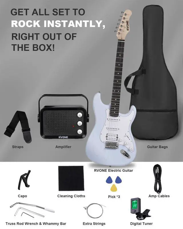 Alt view image 7 of 7 - RST-150 39Beginner Electric Guitar Kit with Amplifier, Classic HSS Pickup, Electric Guitar with Gig Bag, Capo, Strap, Extra Strings, Digital Tuner, 3 Picks, Cleaning Cloths (Light Blue)