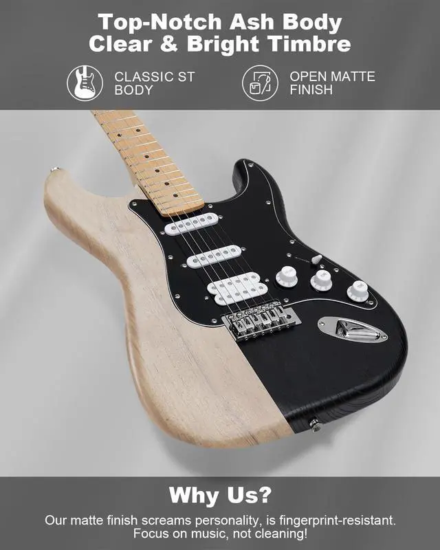 Alt view image 4 of 7 - RST-150 39" Beginner Electric Guitar Kit with Amp & HSS Pickups | Complete Starter Set for Newcomers w/Essentials | Gig Bag, Extra Strings, Digital Tuner, Capo, Strap | Home Practice (Black)