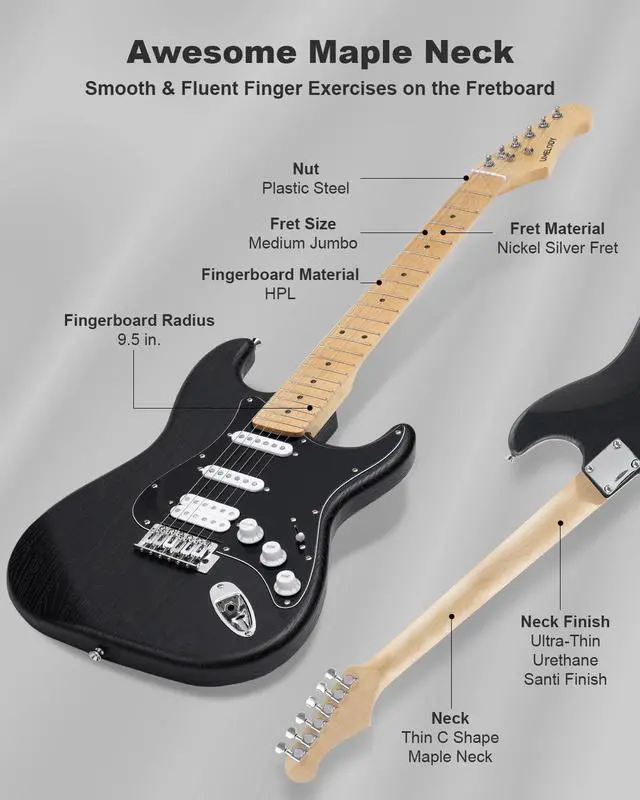 Alt view image 5 of 7 - RST-150 39" Beginner Electric Guitar Kit with Amp & HSS Pickups | Complete Starter Set for Newcomers w/Essentials | Gig Bag, Extra Strings, Digital Tuner, Capo, Strap | Home Practice (Black)