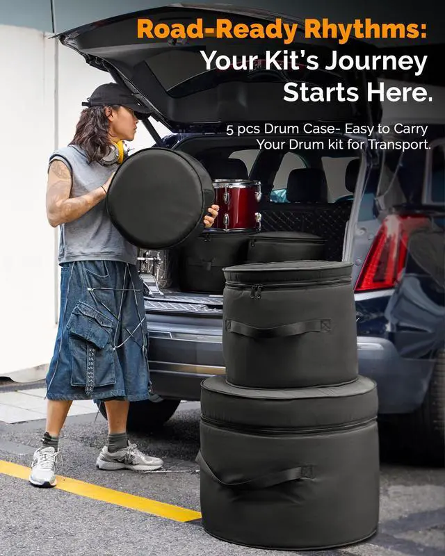 Alt view image 2 of 7 - 5-Piece Drum Case Set - Padded Drum Bags for 22" Kick, 12"/13"/16" Toms & 14" Snare | Lightweight Protective Covers for Drummers, Gig Transport, and Long-Term Storage