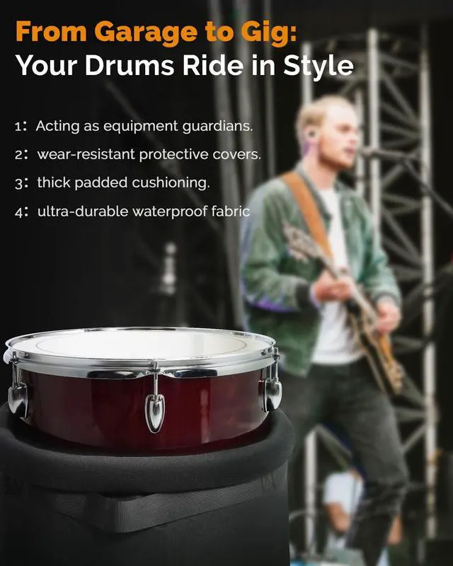 Alt view image 3 of 7 - 5-Piece Drum Case Set - Padded Drum Bags for 22" Kick, 12"/13"/16" Toms & 14" Snare | Lightweight Protective Covers for Drummers, Gig Transport, and Long-Term Storage
