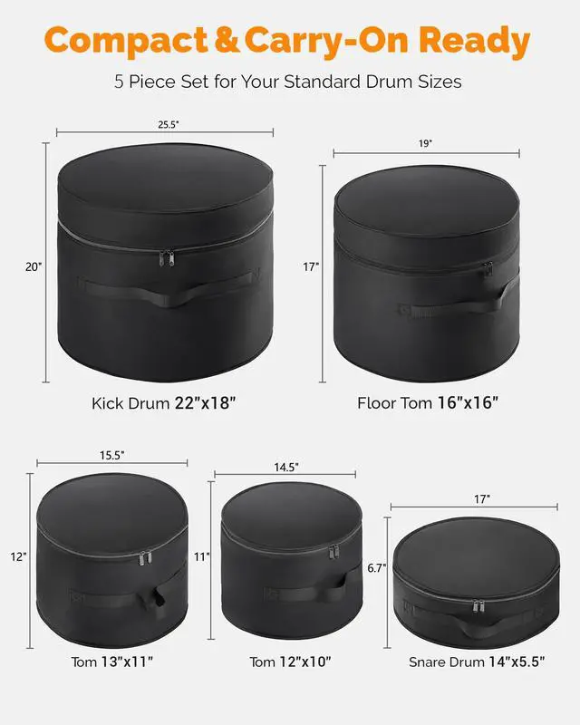 Alt view image 6 of 7 - 5-Piece Drum Case Set - Padded Drum Bags for 22" Kick, 12"/13"/16" Toms & 14" Snare | Lightweight Protective Covers for Drummers, Gig Transport, and Long-Term Storage