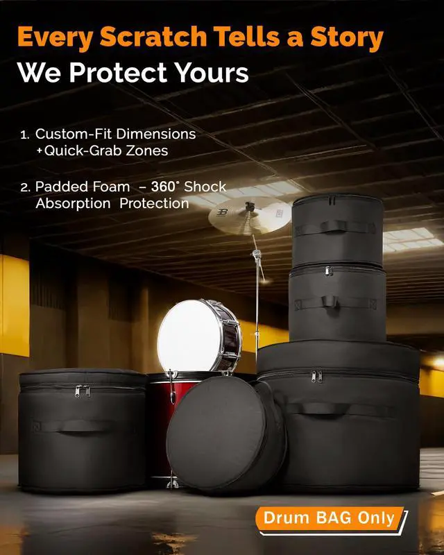 Alt view image 5 of 7 - 5-Piece Drum Case Set - Padded Drum Bags for 22" Kick, 12"/13"/16" Toms & 14" Snare | Lightweight Protective Covers for Drummers, Gig Transport, and Long-Term Storage
