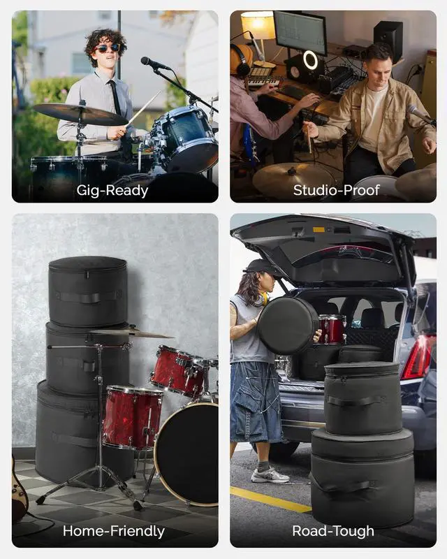 Alt view image 7 of 7 - 5-Piece Drum Case Set - Padded Drum Bags for 22" Kick, 12"/13"/16" Toms & 14" Snare | Lightweight Protective Covers for Drummers, Gig Transport, and Long-Term Storage